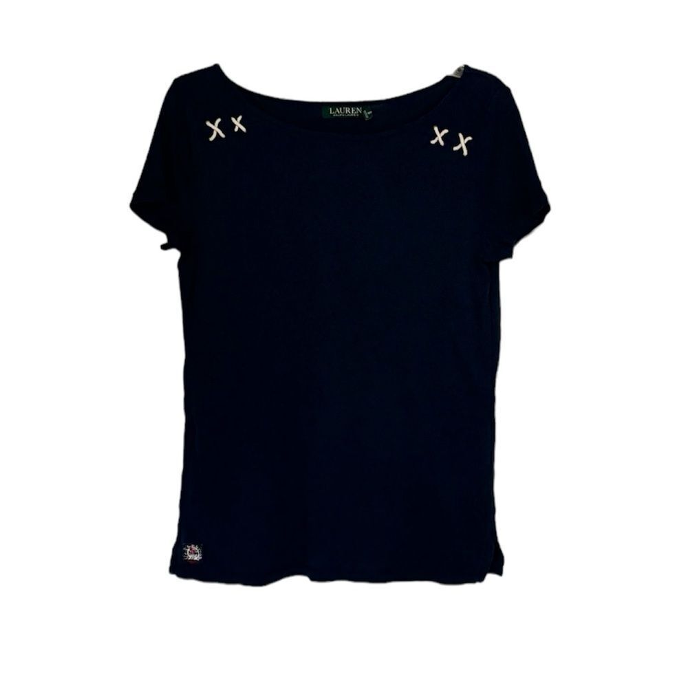 Lauren by Ralph Lauren Women’s Small Navy Blue Nautical T Shirt Rope Accents Top